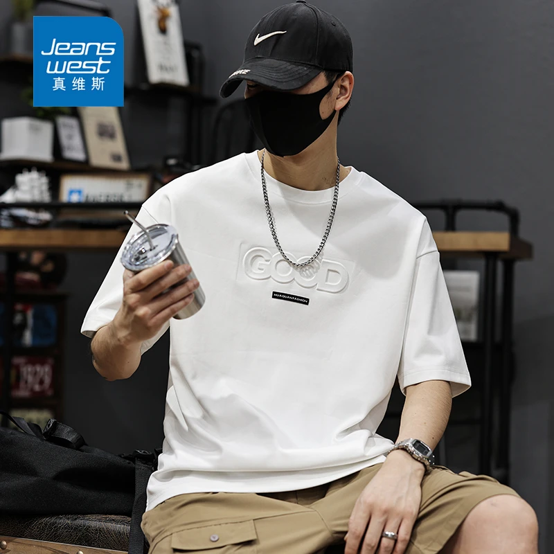 Jeanswest/真维斯新款美式潮流短袖T恤男士夏季薄款宽松百搭上衣
