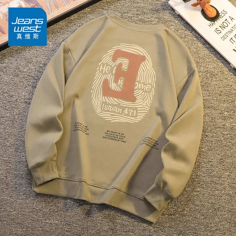 Jeanswest/真维斯印花男款卫衣春秋美式潮流休闲宽松圆领长袖上衣