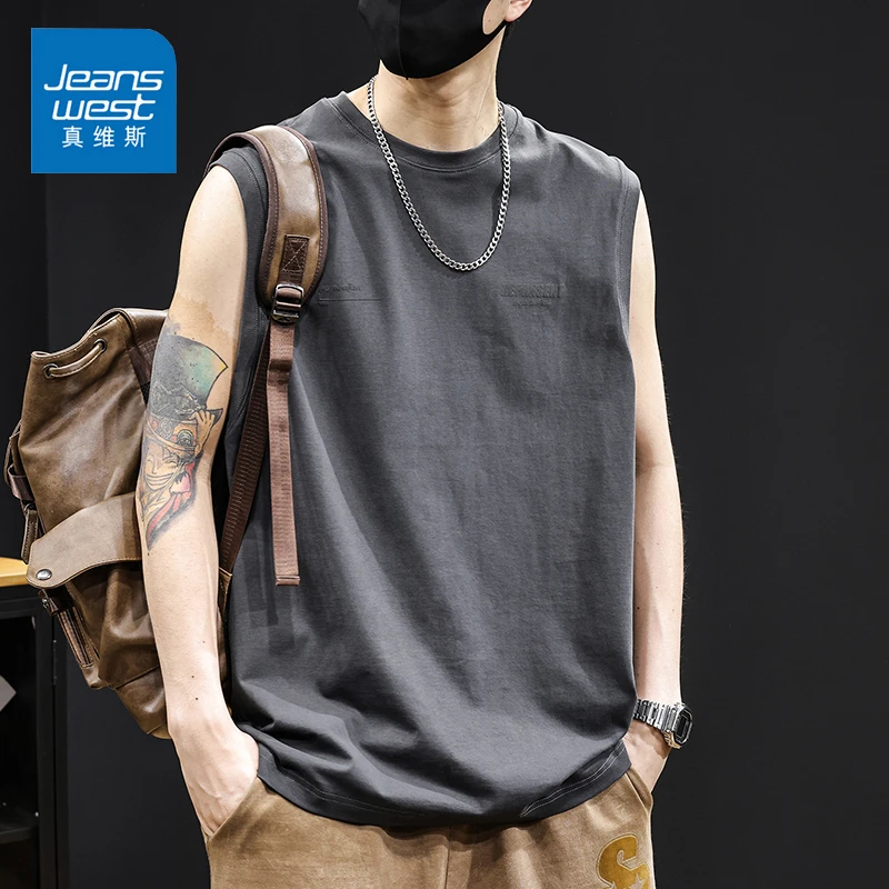 Jeanswest/真维斯夏季运动背心薄款潮牌健身宽松百搭男士无袖T恤