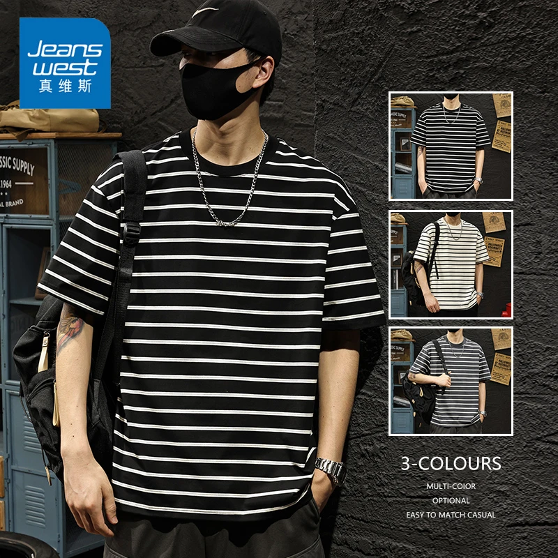 Jeanswest/真维斯条纹短袖男生夏季薄款宽松圆领上衣男款百搭T恤