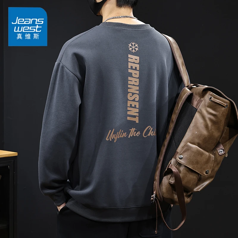 Jeanswest/真维斯美式休闲百搭长袖春秋潮流印花宽松圆领男款卫衣