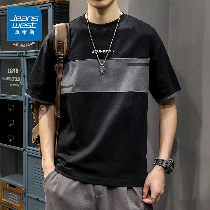 Jeanswest/真维斯夏季薄款短袖男士拼接宽松百搭圆领潮牌半袖T恤