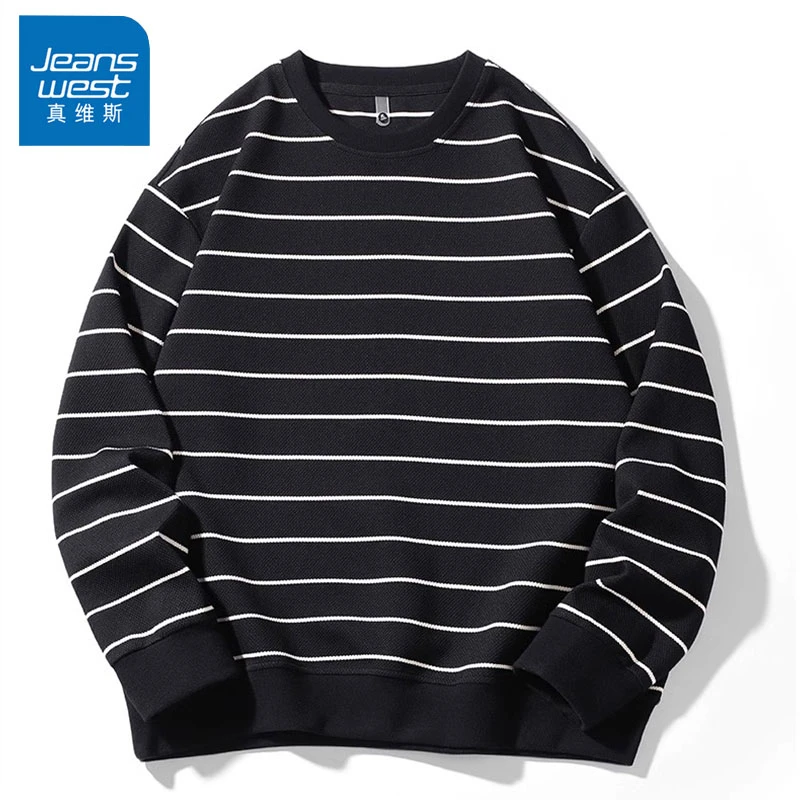 Jeanswest/真维斯潮牌男士条纹卫衣秋季新款宽松百搭休闲圆领上衣