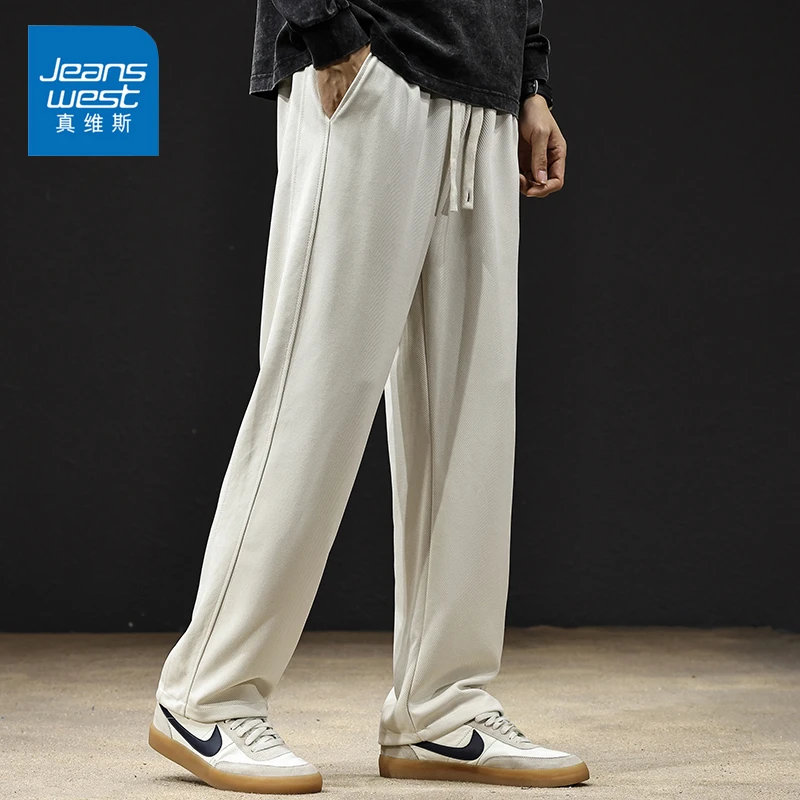 Jeanswest/真维斯潮流加绒运动卫裤春秋季百搭直筒宽松阔腿休闲裤