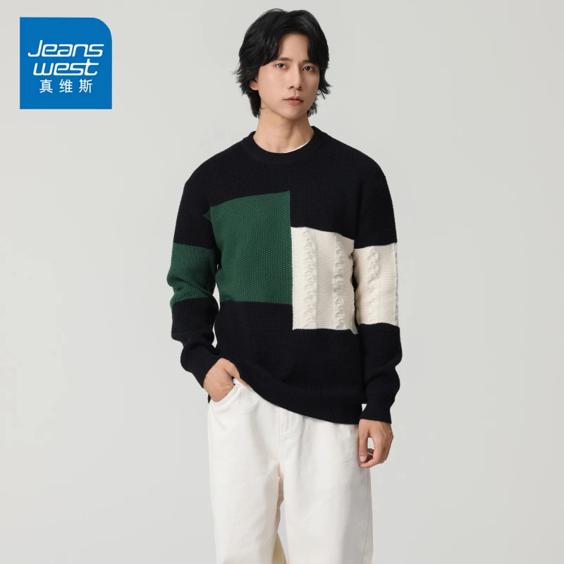 Jeanswest/真维斯男士保暖毛衣秋冬季新款拼色百搭休闲圆领针织衫