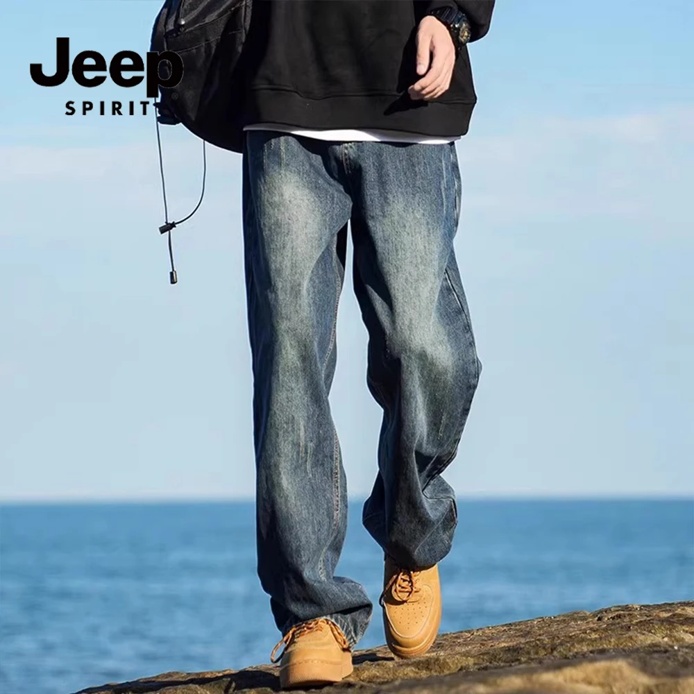 JEEPSPIRIT美式牛仔裤2025新款潮牌高街破洞复古休闲宽松阔腿长裤
