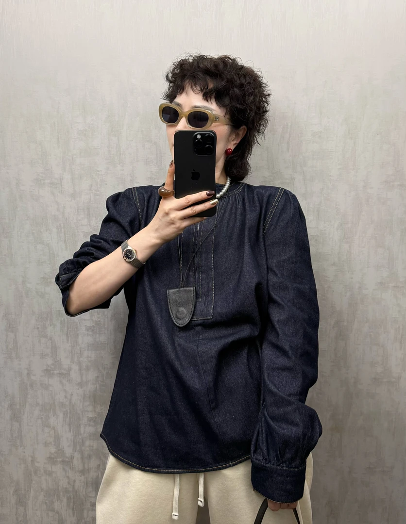 【华姐推荐】2024新款立领半拉链宽松显瘦百搭磨毛牛仔衬衫上衣女
