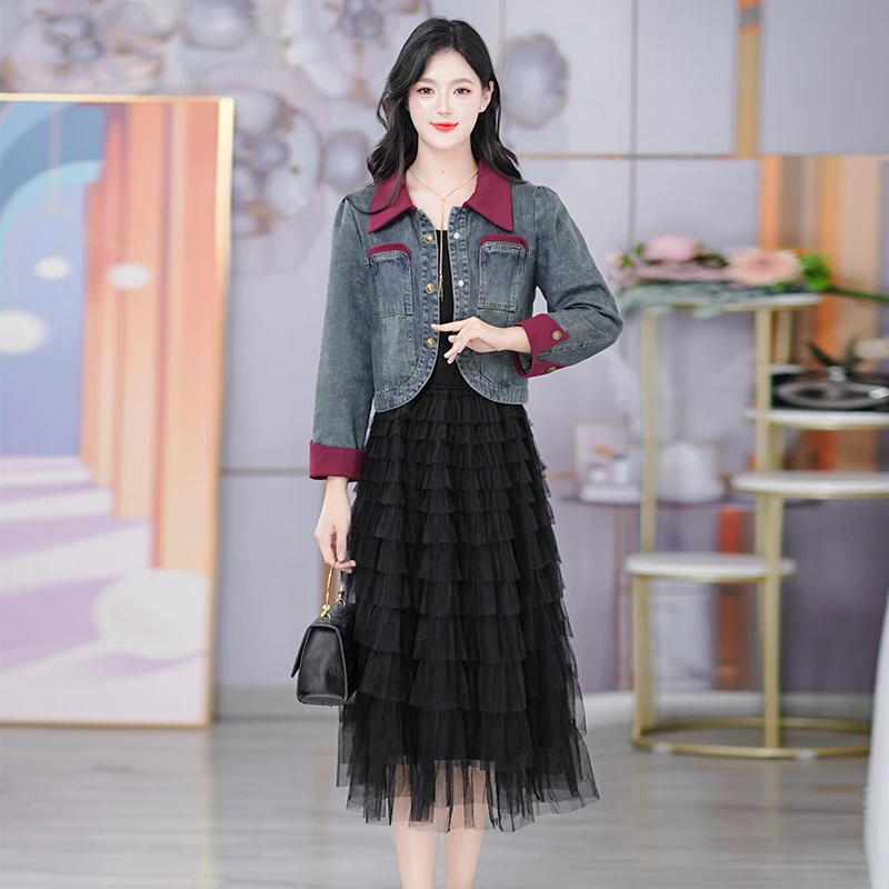 M秋季牛仔外套拼网纱连衣裙两件套时尚显瘦套装女