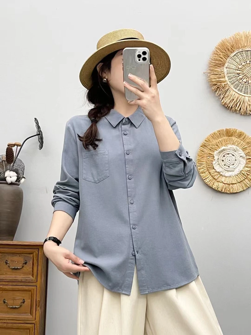 202新款高定纹理纯色长袖衬衫气质休闲文艺减龄简约衬衫春季时尚