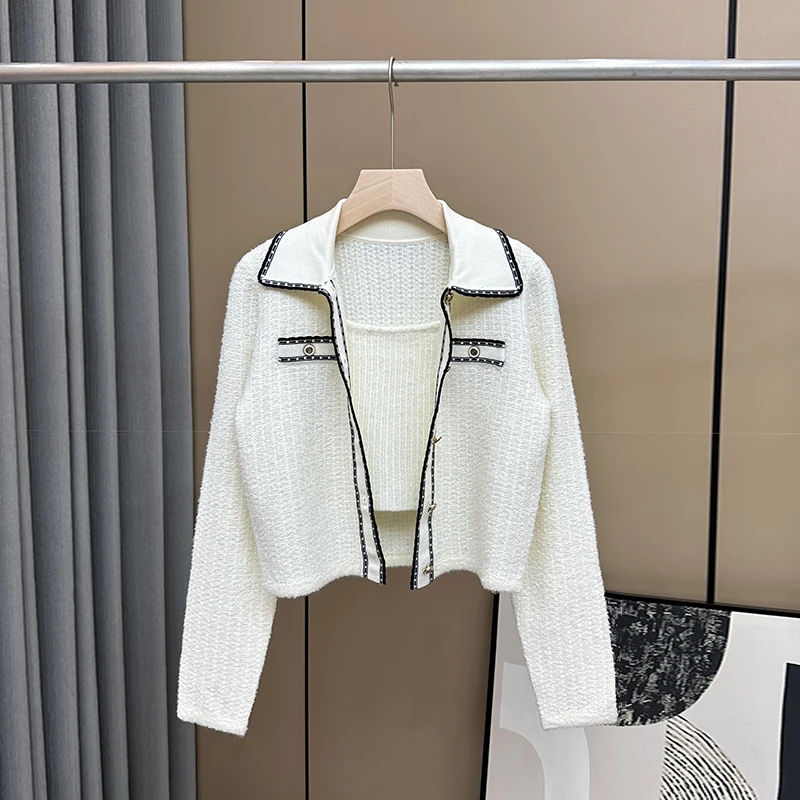 【143】|欧|小香风撞色针织外套女秋冬短款两件套装毛衣开衫