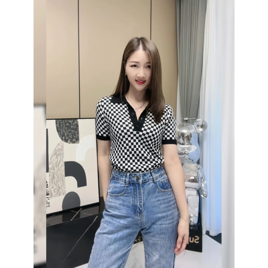 208 【唐唐加】上衣女夏新款Polo领棋盘格子短袖套头针织衫