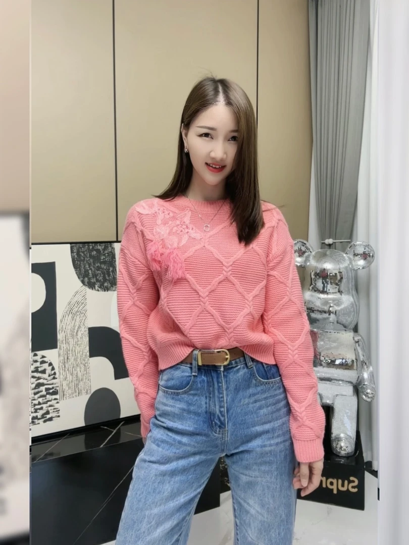 136 【唐唐加】|欧|流苏珠片国风刺绣麻花毛衣女秋冬圆领宽松针织衫