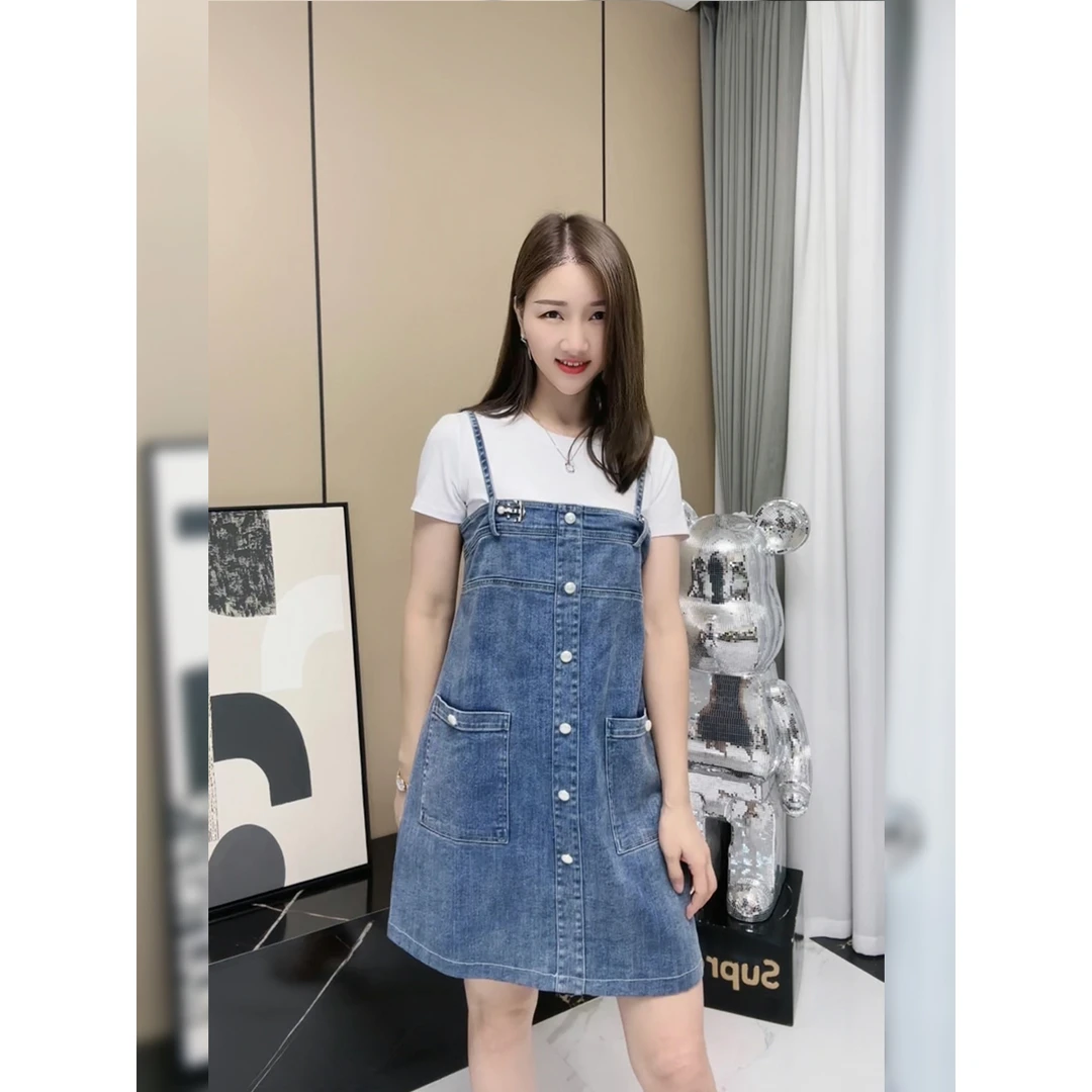429 唐唐加洋气减龄连衣裙牛仔背带裙显瘦t恤两件套装