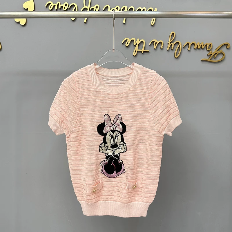 232 短袖上衣女夏米奇卡通图案刺绣冰丝套头针织衫