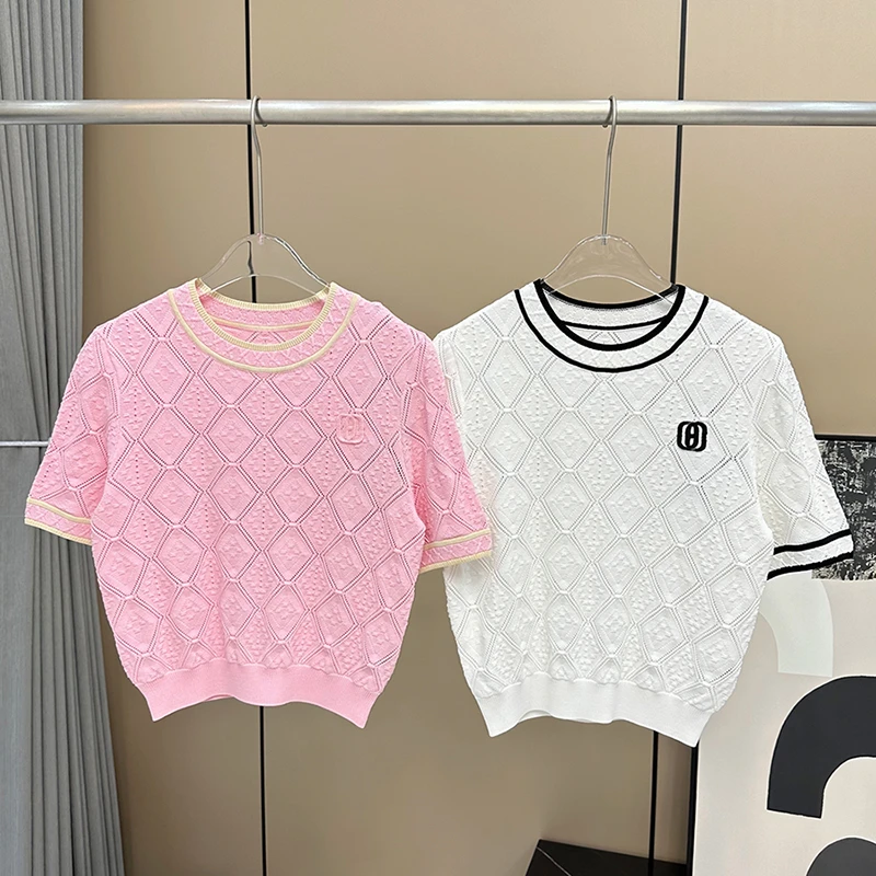 211 高版本|殴+|字母镂空上衣女夏季格纹设计感短袖套头针织衫