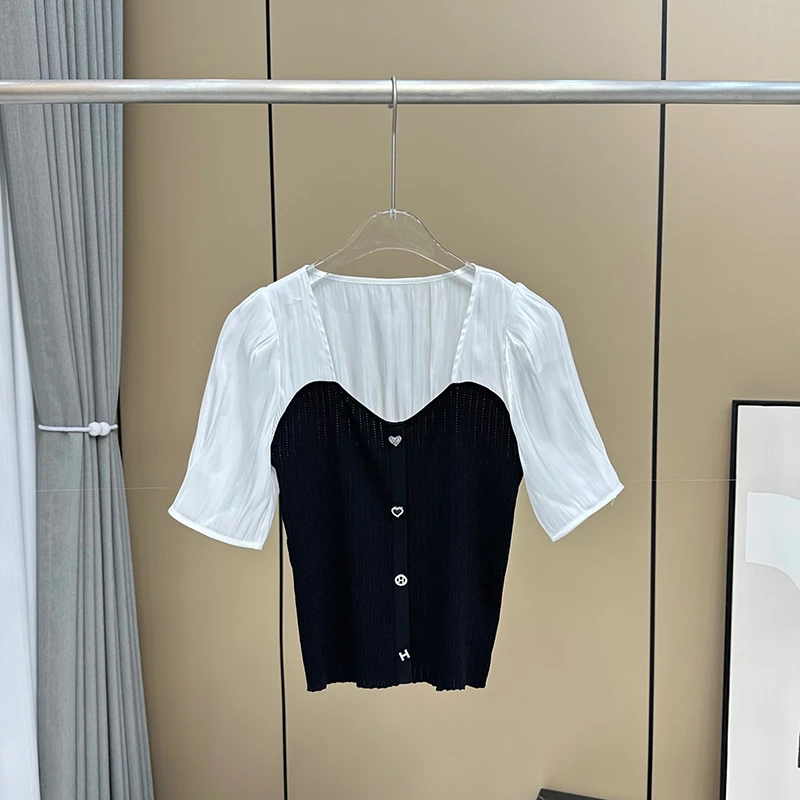 212 冰丝针织衫女夏新款方领黑白拼接薄款短袖上衣