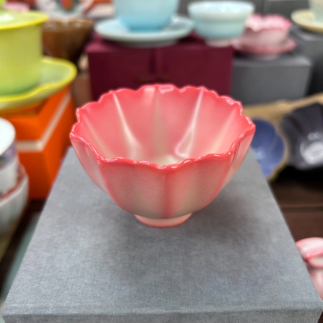 胭脂粉猪油冻莲花杯高端茶具带礼盒家用品茗杯