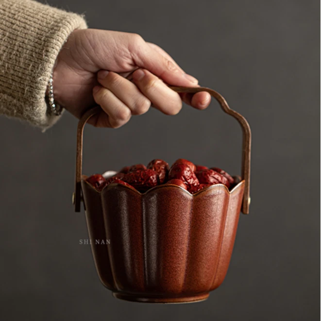 中式小精致水果盘家用客厅大号干泡陶瓷手提篮轻奢高端果篮