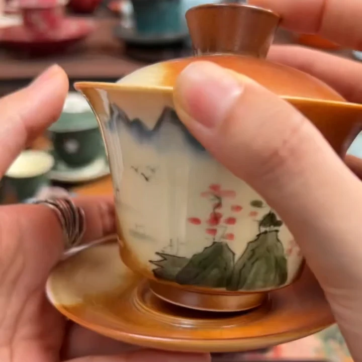 仿古复古手绘山水三才盖碗