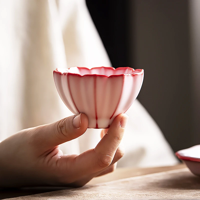 猪油冻粉色红胎汝窑开片花瓣杯主人杯高端品茗杯盏粉色佳人莲花杯