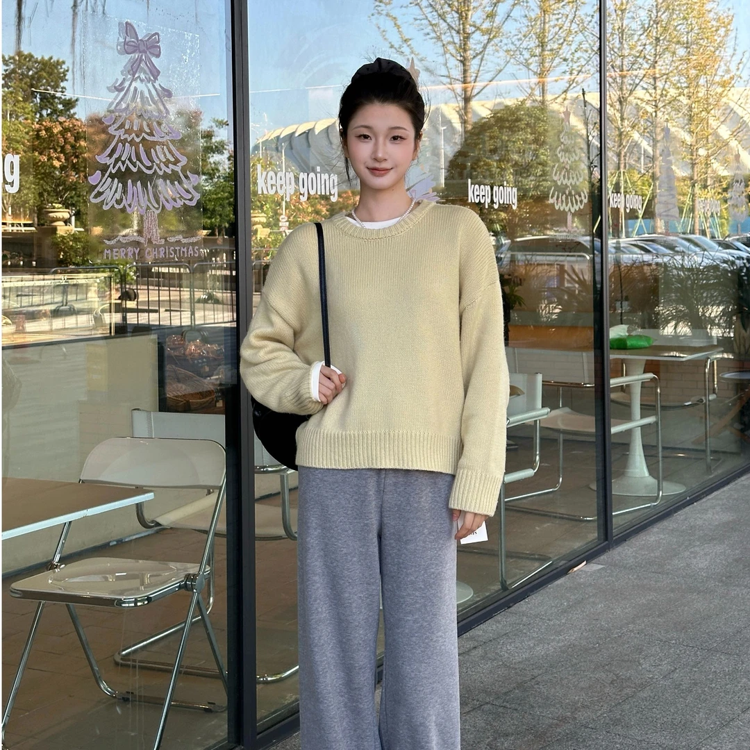 纯色百搭圆领秋冬毛衣女小个子外穿宽松套头韩系慵懒风浅色针织衫