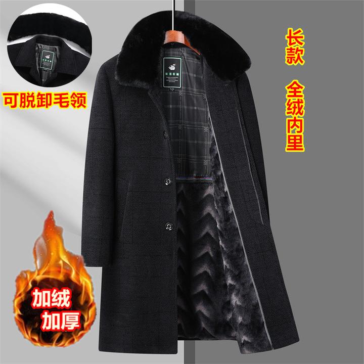 中老年男装加绒长款毛领外套保暖纽扣款爸爸加厚毛呢老年人棉衣服