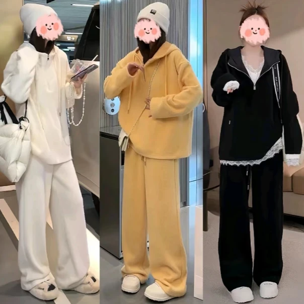 2024秋冬新款加厚慵懒阔腿裤宽松连帽卫衣套装时尚休闲减龄两件套