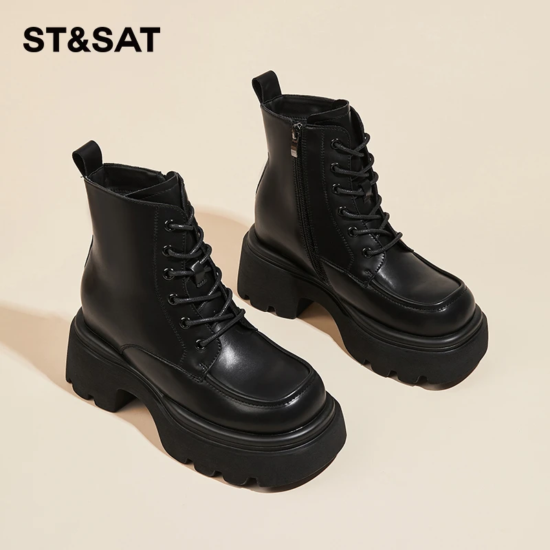 星期六真皮时尚靴子女内增高女鞋小个子增高短靴秋春季百搭马丁靴