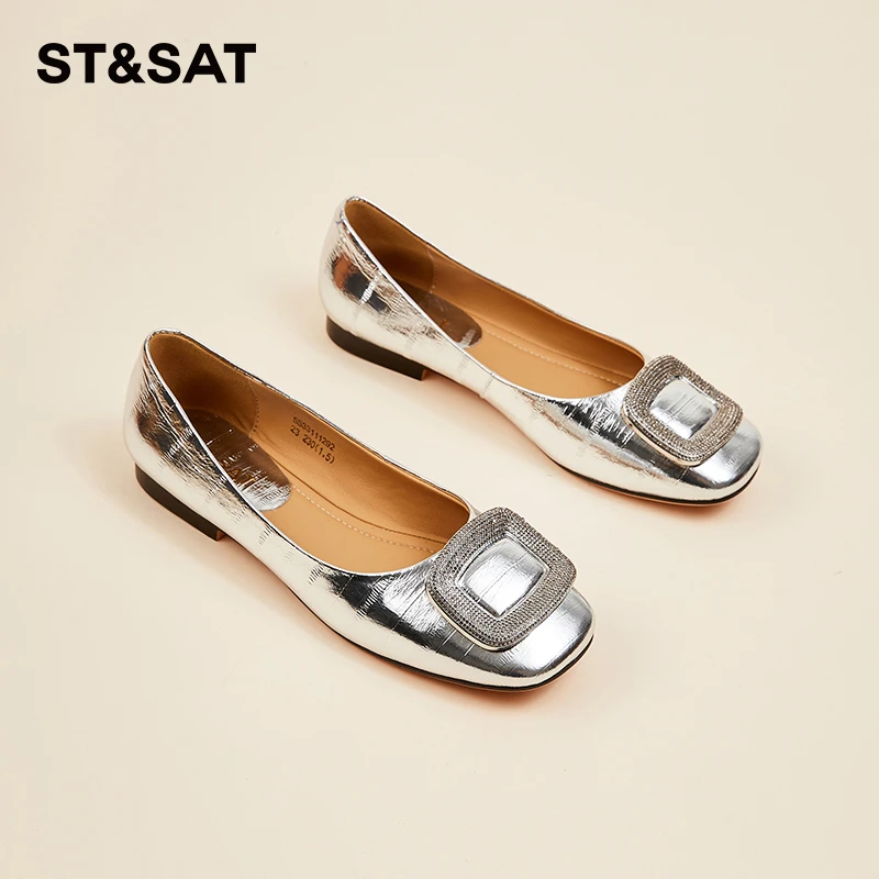 【风感波粒】星期六真皮休闲单鞋女2025夏季新款方头水钻软底小皮鞋