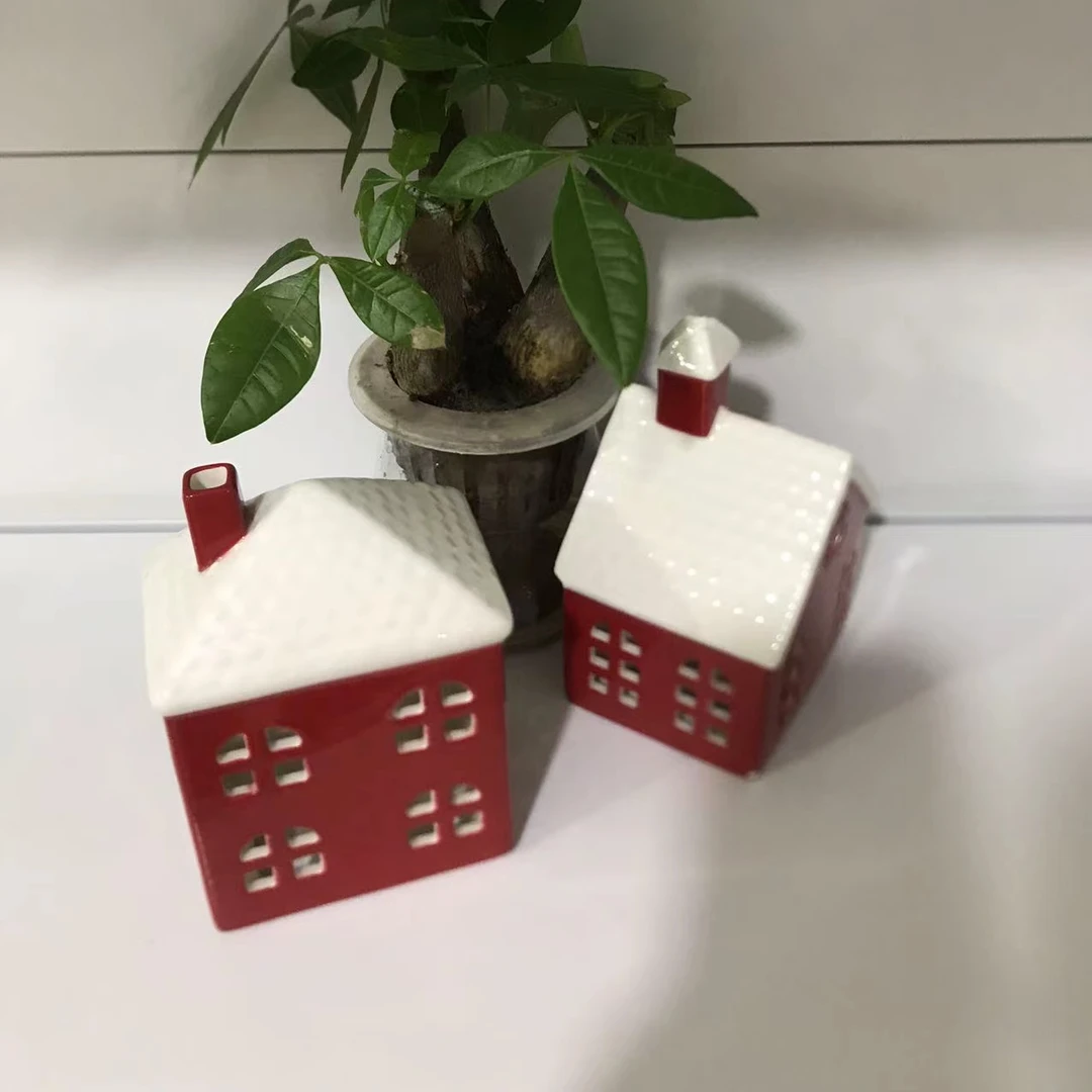 红色透气陶瓷房子夜灯摆件