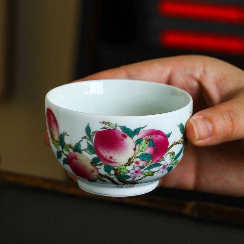 景德镇陶瓷手工手绘粉彩珐琅彩九桃桃子寿桃主人杯压手杯单个杯子