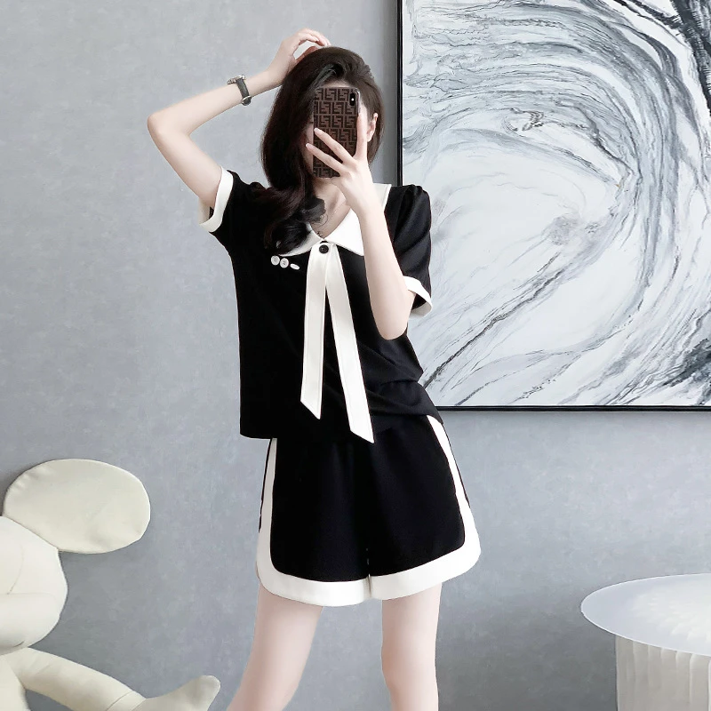 洋气网红黑色高档时尚高端夏季女小个子修身气质显瘦短袖高腰收腰