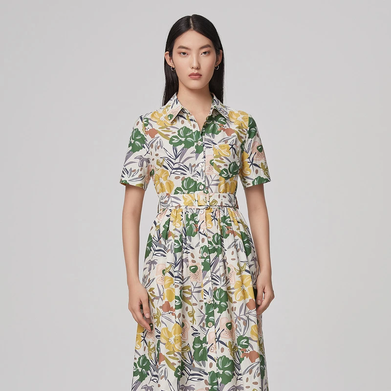 LANCY/悦朗姿女装春季新款印花衬衫领连衣裙