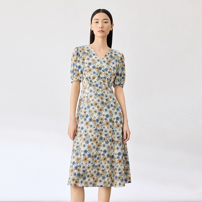 LANCY/朗姿夏季新款V领收腰显瘦印花连衣裙子女高度假