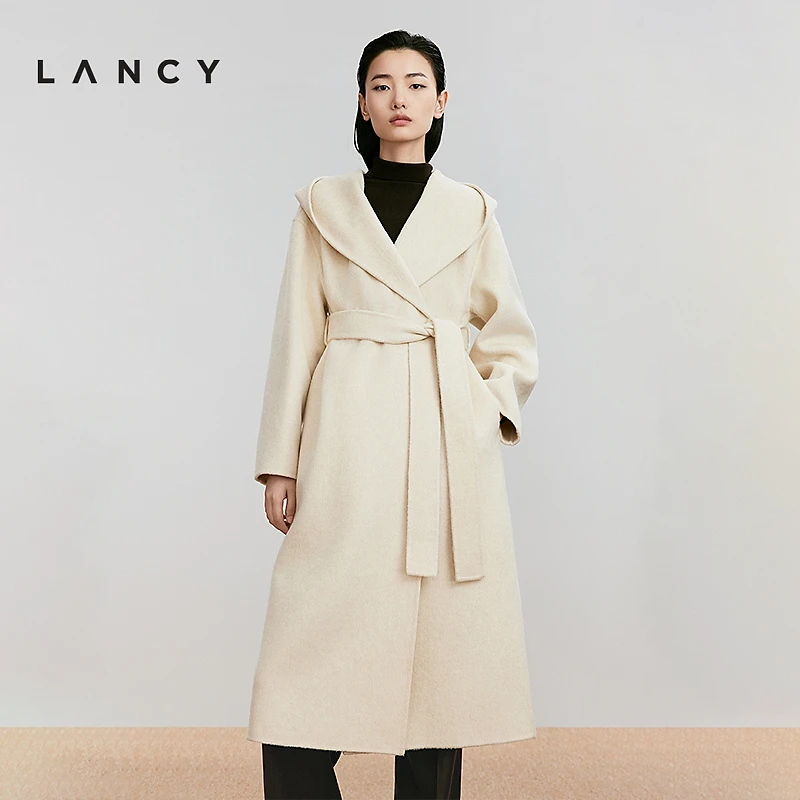 LANCY/朗姿2024冬新款连帽大衣系带高级感气质中长毛呢外套女