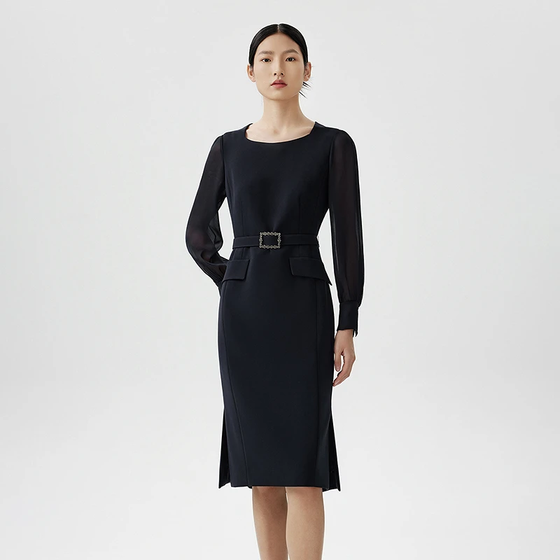 LANCY/朗姿2024春季新款长袖修身收腰醋酸连衣裙女