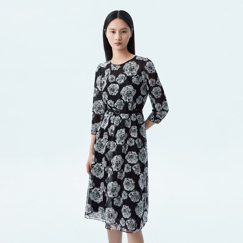LANCY/朗姿网纱印花刺绣连衣裙女秋季新款圆领收腰黑色女装