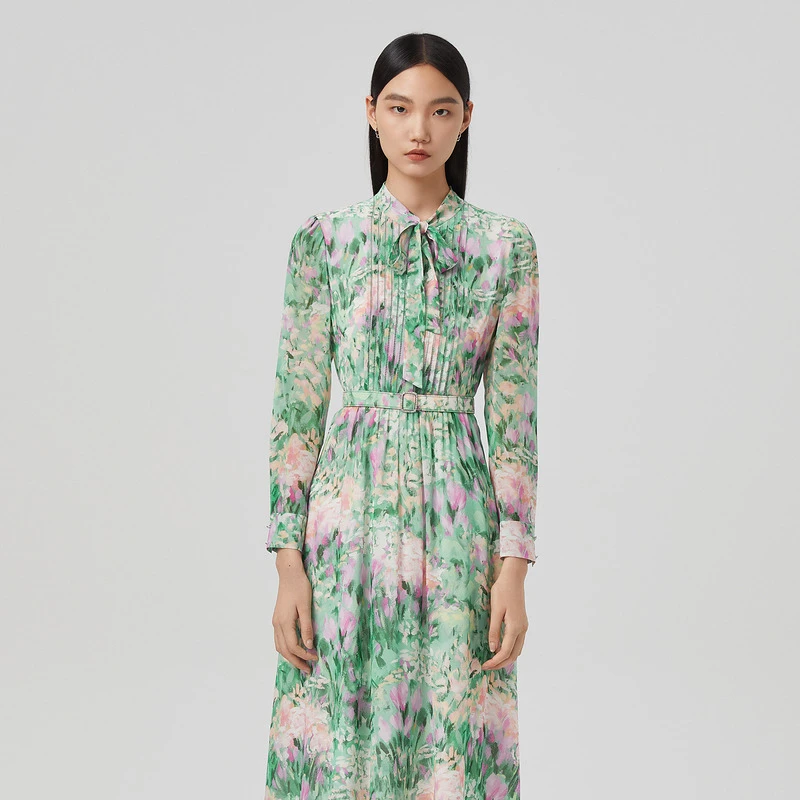 LANCY/朗姿春季新款中长款印花长袖连衣裙气质女装连衣裙时尚女士