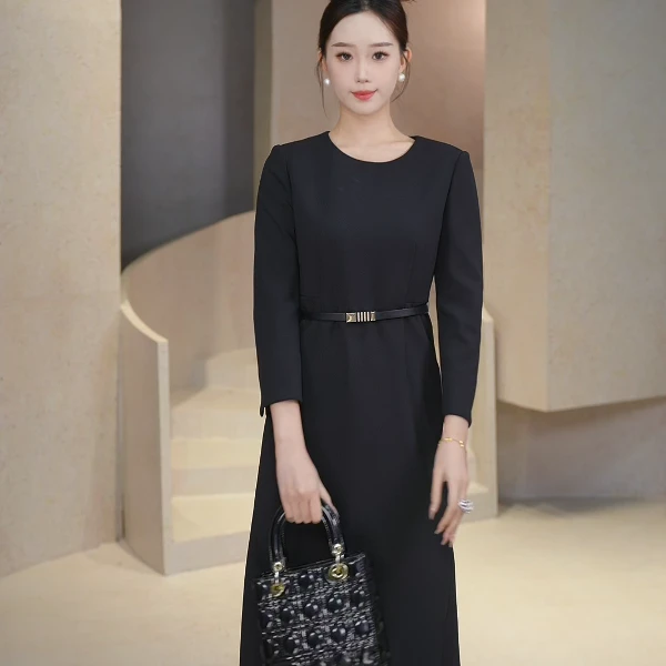 LANCY/朗姿设计师秋冬礼服长裙气质长袖针织休闲女士黑色