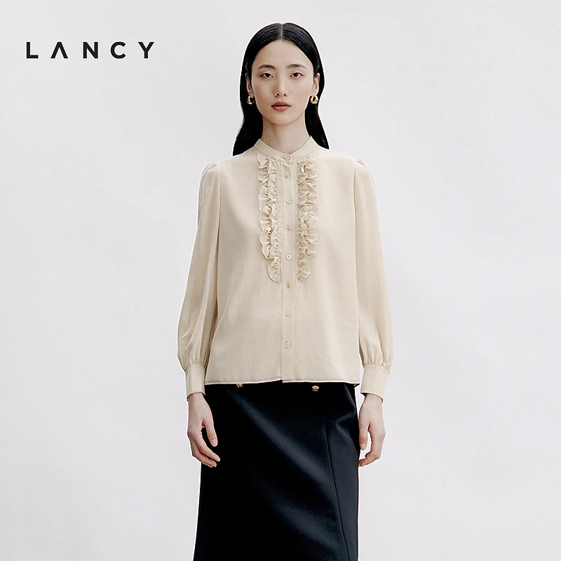 LANCY/朗姿2024秋季新款衬衫气质衬衣长袖轻奢时尚提花绣花设计感