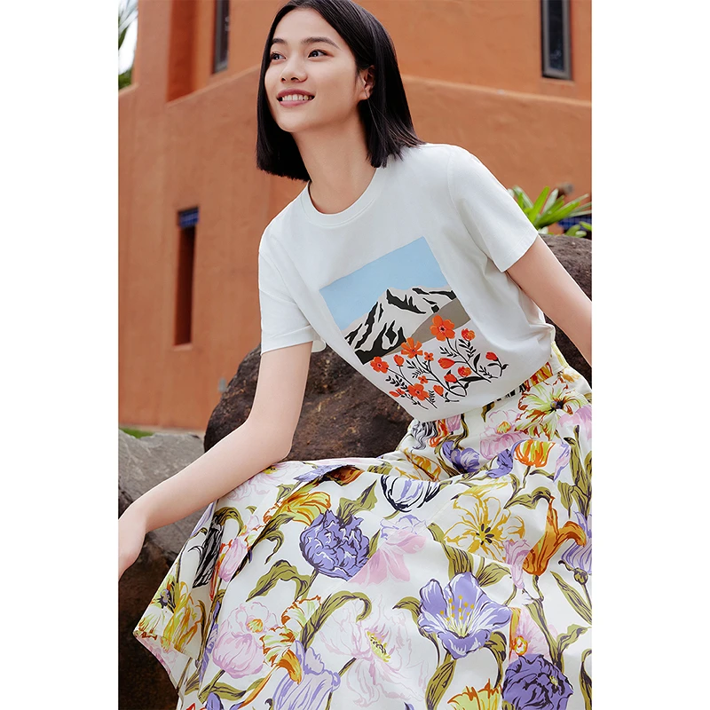 LANCY/朗姿2024夏季新款花卉棉质女时尚百搭短袖上衣