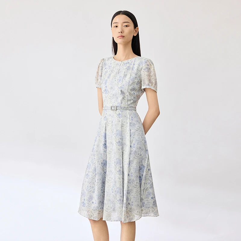LANCY/朗姿夏季新款中长款桑蚕丝连衣裙印花通勤女装连衣裙度假