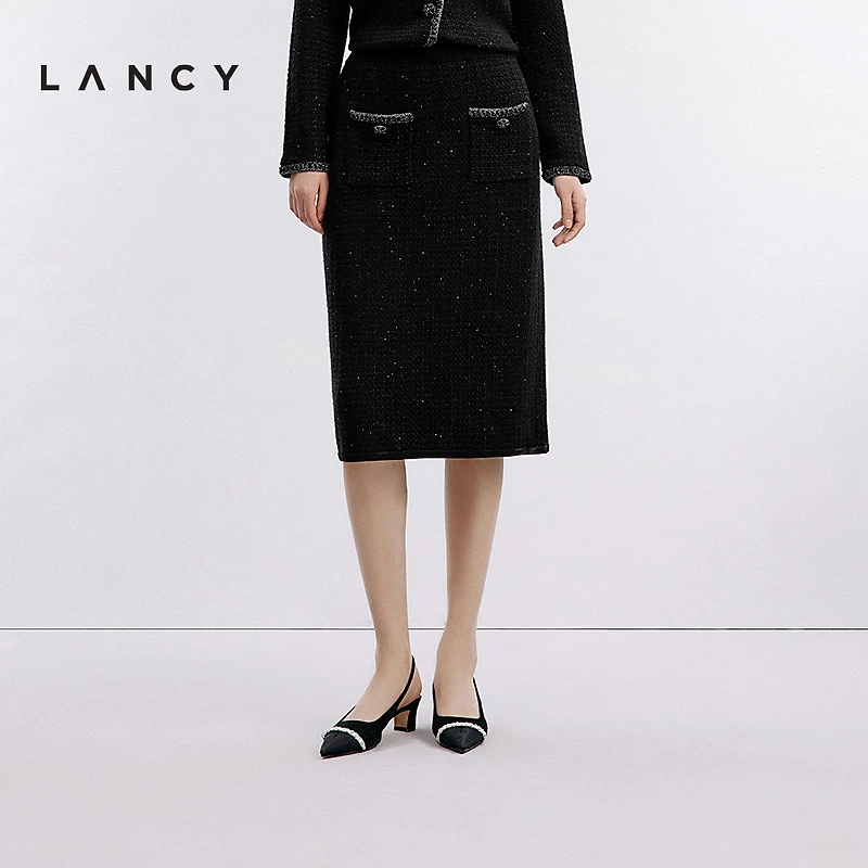 LANCY/朗姿2024秋新款高腰直筒细闪小香风半身裙针织套装半裙女