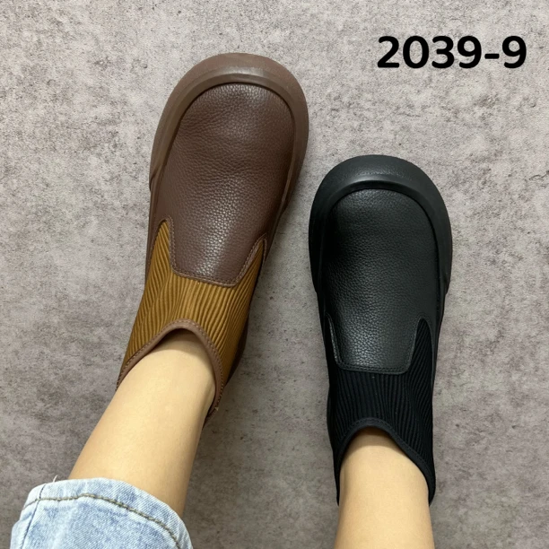 复古擦色真皮舒适软底拼接弹力袜子秋季短靴2039-9真皮女靴