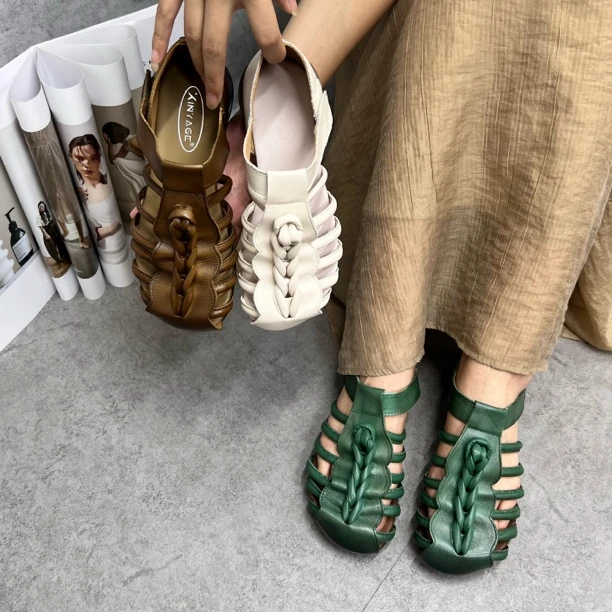 牛皮手工编织圆跟复古百搭软底71985/1228透气夏季圆头凉鞋99686