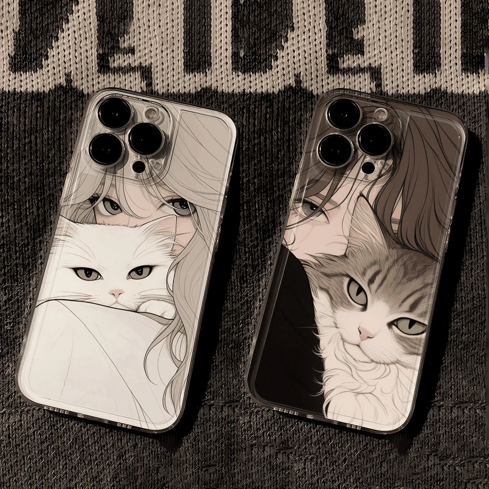 抱猫女孩适用苹果15手机壳小米14透明OPPORENO12红米VIVO防摔软壳