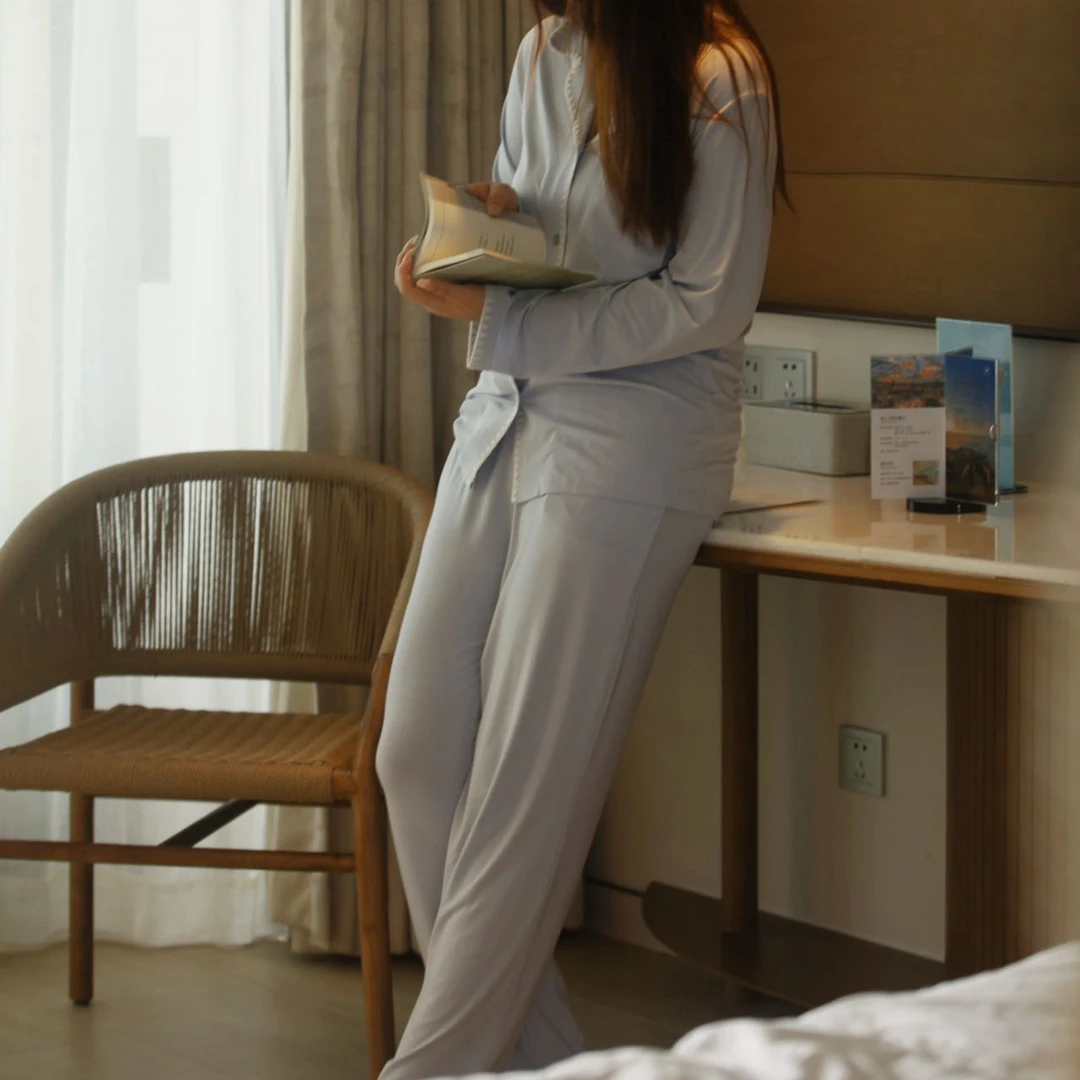 长袖长裤夏季新款撞色贝壳滚边休闲家居服套装