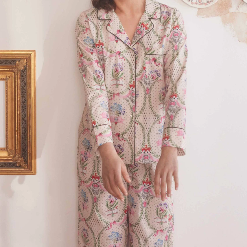 新款复古艺术女王皇冠印花长袖长裤家居服套装MA3SYDZ0434