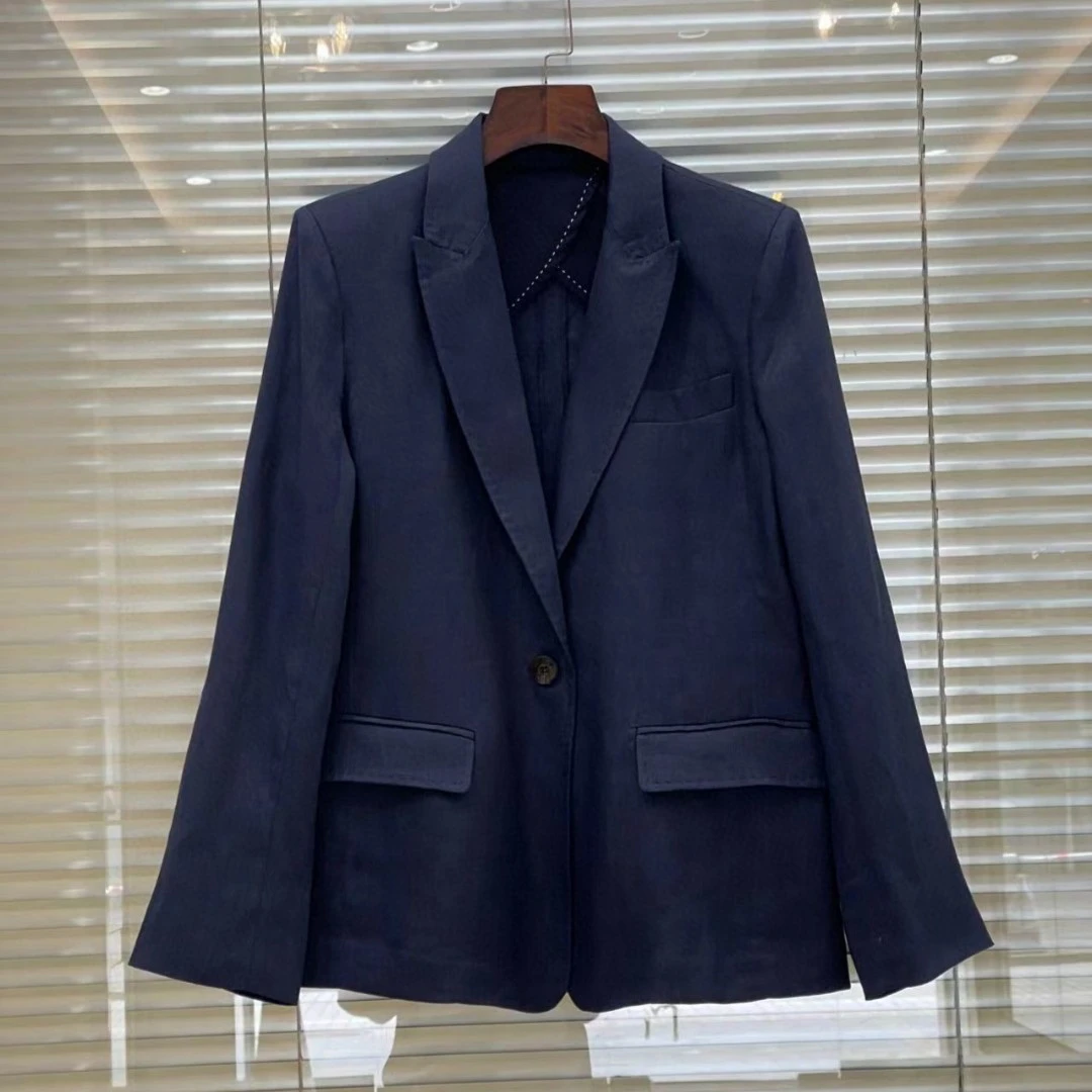 经典藏青色休闲气质亚麻修身西装304295