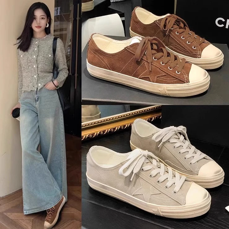 香港复古做旧脏脏星星鞋女2025春秋新款绒面透气做旧复古真皮板鞋